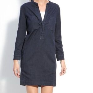 VINCE Chambray Dark Blue Long Sleeve Shift Dress V-Neck Size 12 Mini career